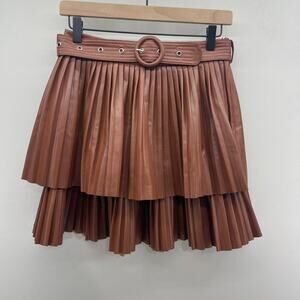 FORE Faux Leather Pleated Mini‎ Skirt Womens Medium Brown Belted Tiered Preppy